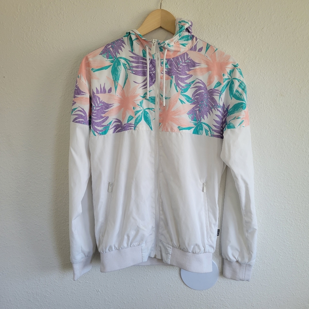 CSG White Tropical Floral Hooded Full Zip Up Windbreaker Jacket Mens Size S